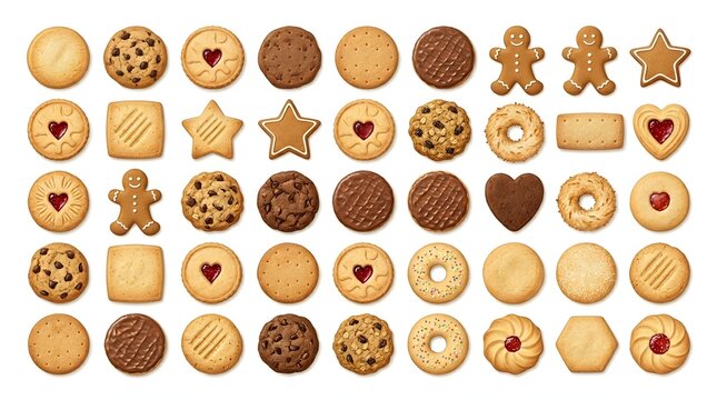 Assorted cookies and biscuits arranged in a grid pattern on white background