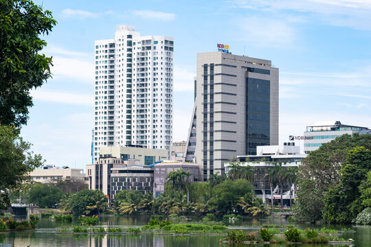 12.10.2025 Colombo, Sri Lanka. Modern skyscrapers and NDB bank buildings near Beira Lake in Colombo Sri Lanka