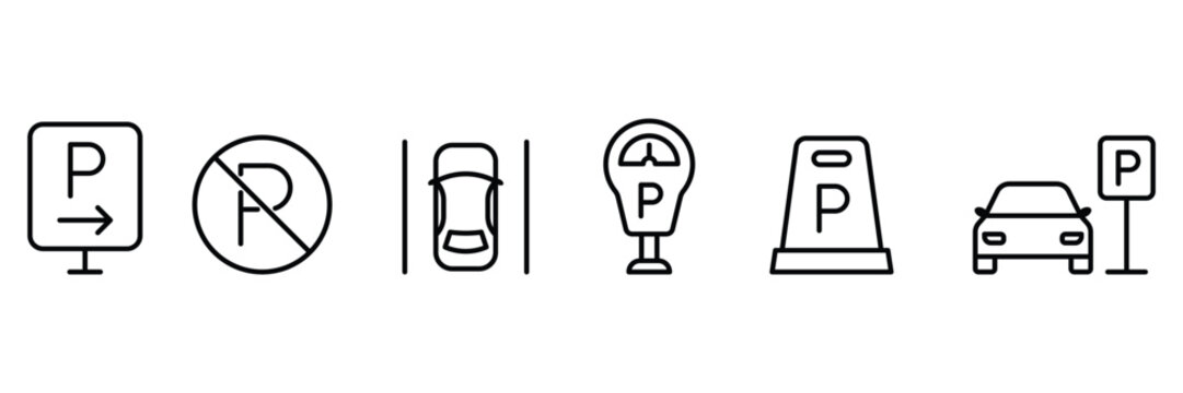 Parking icons set with no parking sign meter barrier and parallel parking space, car line icons, transportation and vehicle.