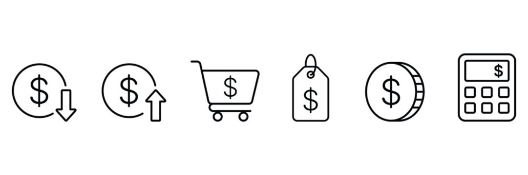 Price icon set with reduction, increase, shopping cart, tag, coin, and calculator icons.