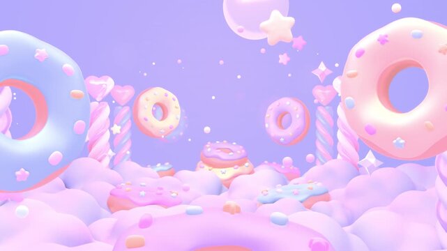 Flying through colorful donuts and heart pillars above clouds animation. (loop)