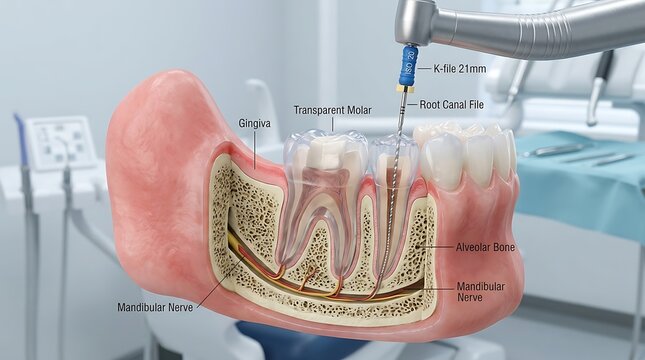 3d medical of root canal procedure on a transparent molar tooth