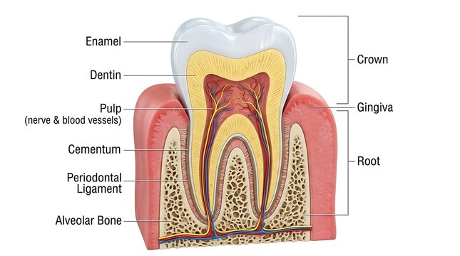 Anatomical diagram of a human molar tooth with labels for internal structures