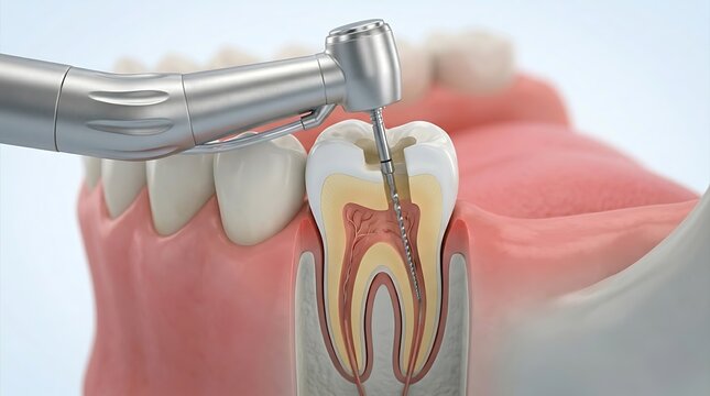 Dental drill performing root canal on molar anatomy