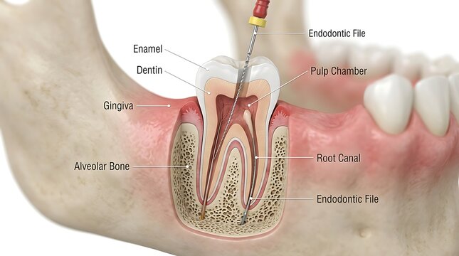 Cross-sectional view of human mandible showing root canal treatment on a molar tooth