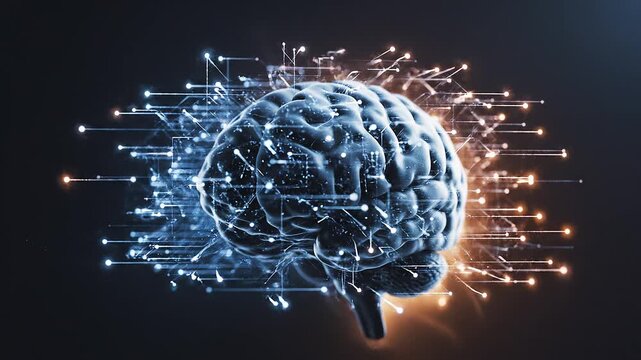 A 3D human brain surrounded by glowing digital circuits, with blue left hemisphere and orange right hemisphere, symbolizing artificial intelligence and cognitive integration.