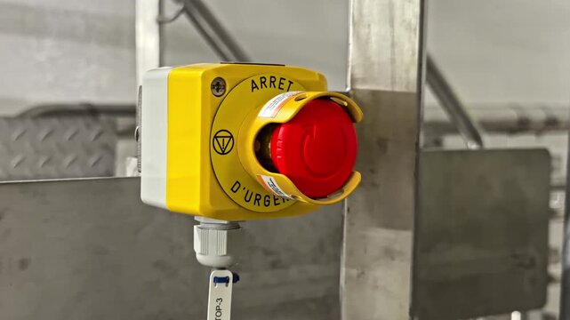 A red emergency stop button labeled 'Arret D'Urgence' is mounted on a metal panel in an industrial setting.