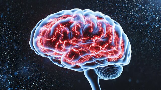 A semi‑transparent human brain with glowing red neural pathways and cosmic particles, symbolizing neuroscience, cognition, and artificial intelligence.