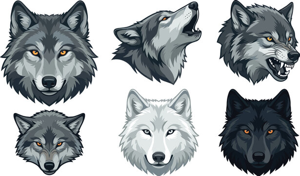 Wolf Head Vector Illustration Set Featuring Grey White and Black Wolves in Various Expressions Including Howling and Snarling for Mascot Logo Designs