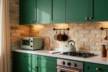 Obraz premium Green cabinets and brick wall create a modern retro kitchen. Appliances like a toaster oven and kettle are visible. Copper accents add warmth to the stylish domestic space.