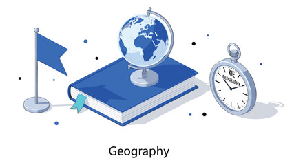 Vector illustration of a geography theme featuring a globe, clock, and flag on a blue square base with a clean design. © Safa