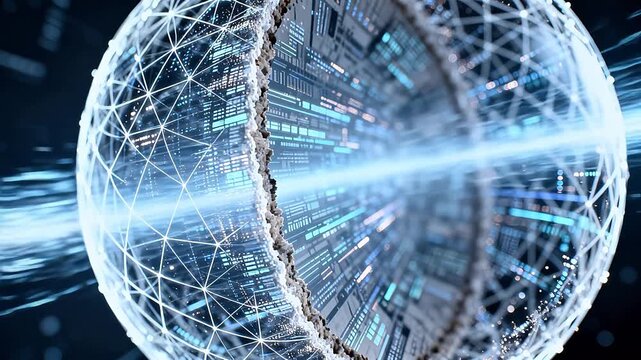 Cracked digital sphere with grid lines and internal cityscape on dark background
