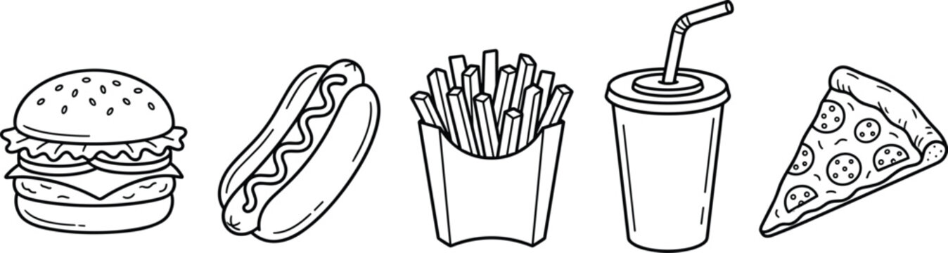 Fast Food Icon Set with Hamburger Hot Dog French Fries Soda Cup and Pizza Slice for American Diner Restaurant Menus and Coloring Book Page Designs