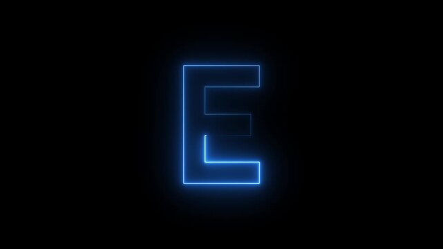 Neon font letter E uppercase appear after some time, Animated neon alphabet symbol on black background, Letter E Neon Futuristic Effect motion video.