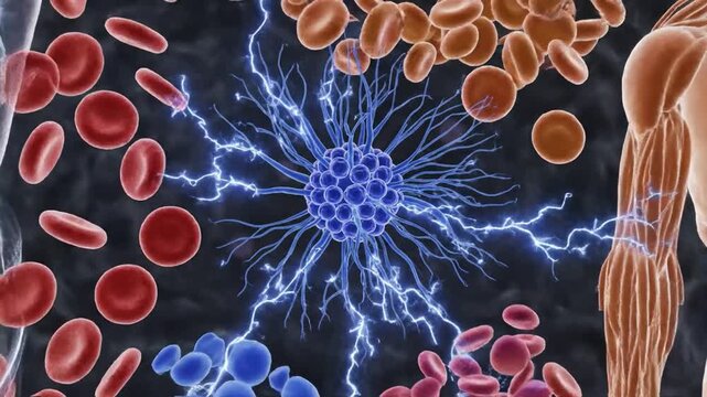 Animated Depiction of Stem Cells Differentiating into Neurons with Electric Energy and Blood Cells