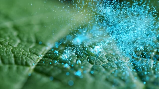 Detailed macro shot of leaf stomata releasing vibrant blue moisture particles in a scientific visualization