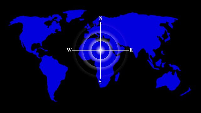 Animated Global World Map with Pulsing Navigation Compass Needle and Directional Pointer for Travel, Logistics, and International Business Location Tracking.