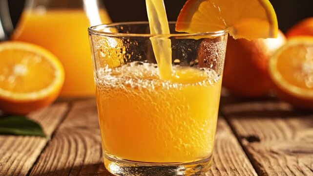 Fresh Orange Juice Poured Into A Glass On A Wooden Table Surrounded By Oranges