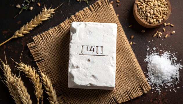 Rough hewn salt block resting on coarse burlap surrounded by scattered grains and wheat stalks