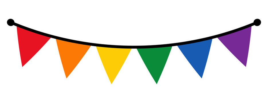 Pride month bunting flag vector illustration, rainbow colored pennants and triangle flags hanging in festive celebration string. LGBTQ community decoration, diversity and love graphic design