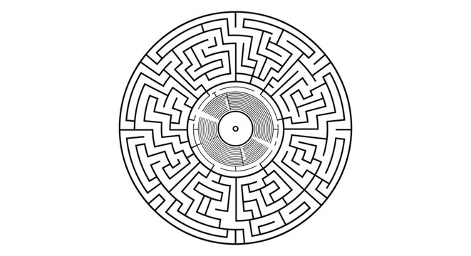 Intricate monochrome labyrinth maze illustration featuring a central circle and geometric patterns in line art style.