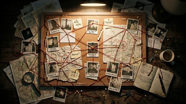 Detective investigation board with photos, maps, red string, and notes on a wooden desk