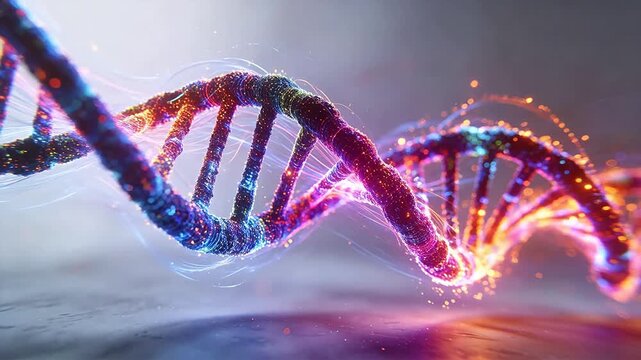 Colorful glowing DNA double helix structure with particles in dark space