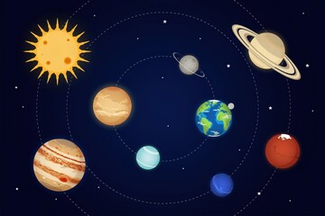 Fototapeta premium Solar system with the sun and orbiting planets including saturn, earth, jupiter, and mars on a dark blue starry space background