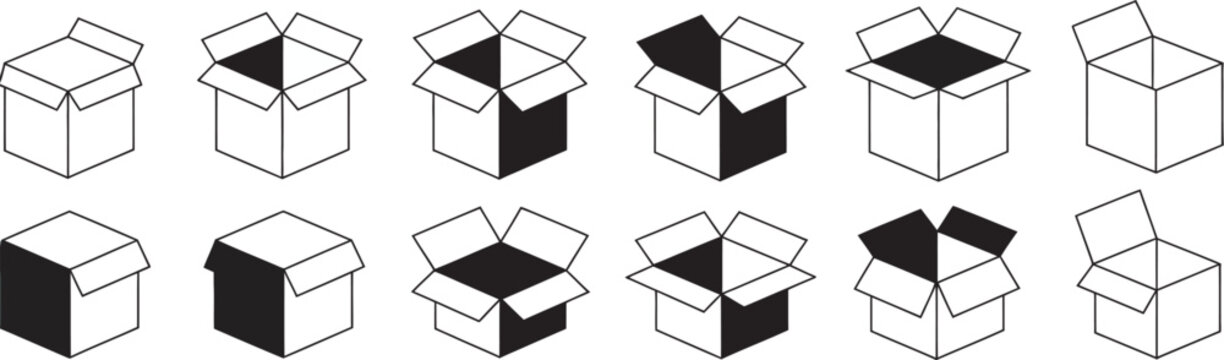 Box, vector illustration collection including open cartons, shipping packages, unpacking symbols, and cardboard box line art in modern outline style suitable for warehousing, 