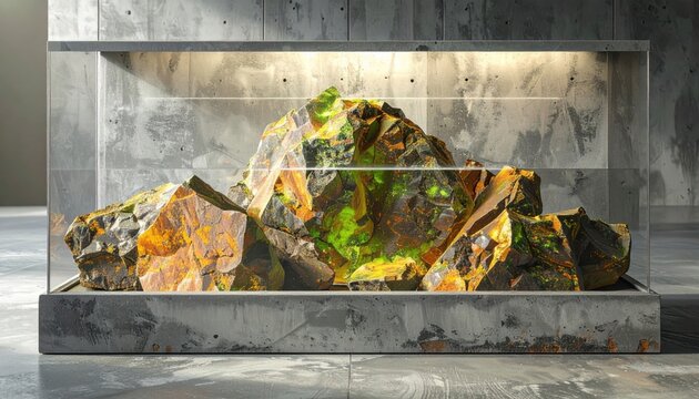 Rough uranium ore samples displaying earthy colors and a subtle radioactive glow, showcased in a scientific display.