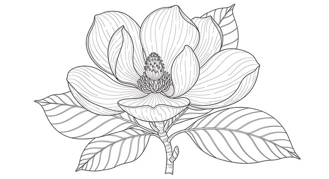Detailed black and white line drawing of a blooming magnolia flower with leaves