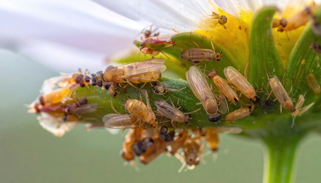 Intense swarm of tiny thrips insects infesting a delicate flower bud, showcasing a significant pest infestation.