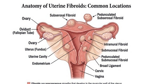 Medical anatomy diagram of common uterine fibroids and locations illustration