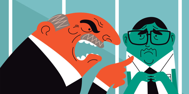 frightened office worker being yelled at and mistreated by his boss