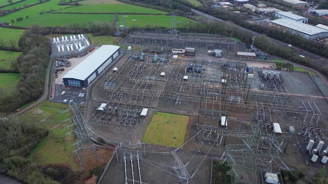 Overhead aerial shot looking down at national grid transmission infrastructure and structural busbars