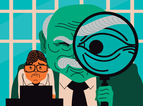 frightened office worker under the giant magnifying glass of a micromanaging boss
