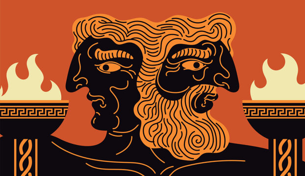 janus roman god with two faces between blazing torches