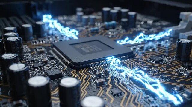 Closeup of a computer microchip on a circuit board with glowing blue electricity