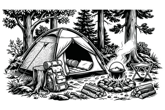 Summer camping and hiking adventure with tent and backpack in forest