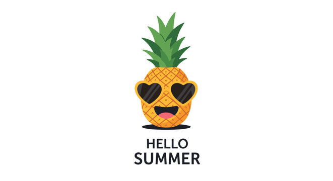 Cute pineapple character wearing heart shaped sunglasses against a white background with hello summer text.