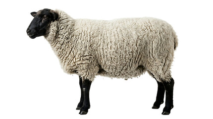 Fototapeta premium A fluffy Suffolk sheep standing profile isolated on a white background representing livestock and agriculture concepts