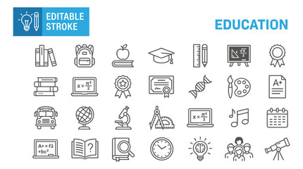 Collection of minimalist line art education icons with editable strokes featuring school supplies and learning tools. © Safa
