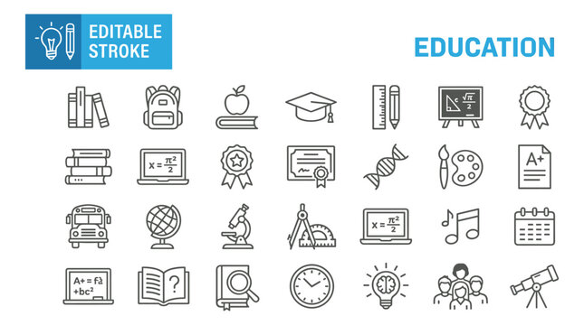 Collection of minimalist line art education icons with editable strokes featuring school supplies and learning tools.