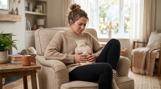 Bladder infection discomfort: woman experience cystitis, pelvic area inflammation, abdominal pain symptom, urinary tract ache, seek medical relief, female health problem, manage home discomfort.