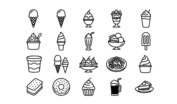 Thin Line Ice Cream Icon Collection with Sundae Cone Parfait Iced Coffee and Frozen Yogurt Vector Set