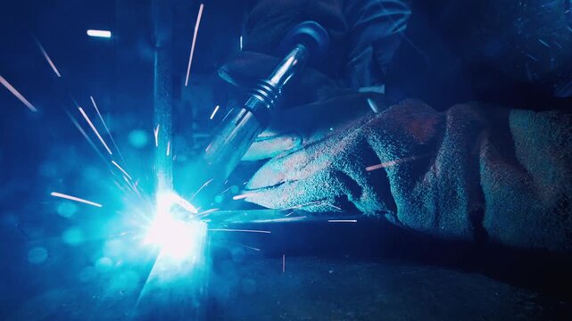 Close-up View of Industrial Steel Profile Welding inside Factory Workshop. Electric Arc Torch Emits Beautiful Blue Sparks and Bright Flash. Professional Worker in Metal Manufacturing Slow Motion 4k