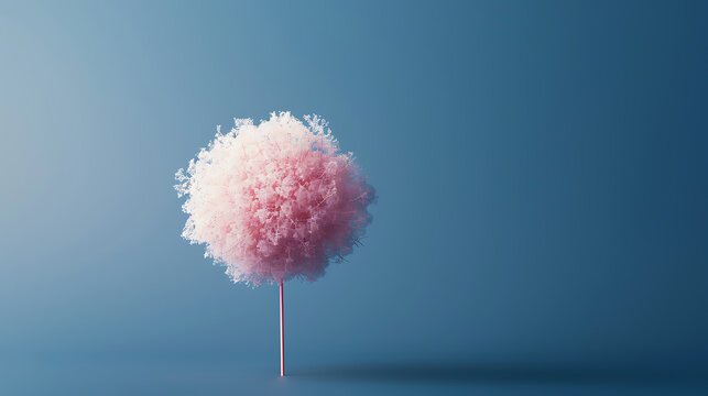 Minimalist 3D claymorphism pink fluffy tree on blue background with copy space for spring skincare launch and surreal art exhibition commercial ad