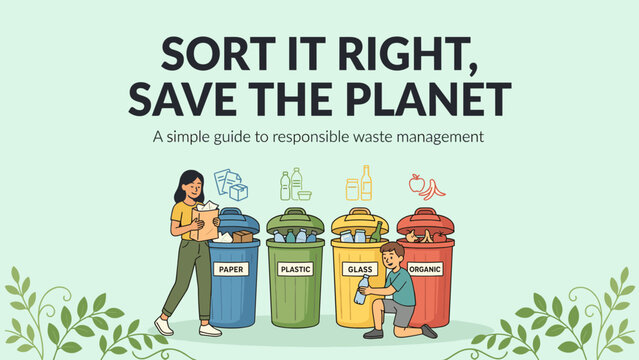 Cartoon characters sorting waste into color coded recycling bins &ndash; Perfect for family recycling tips, civic pride advertisements, or environmental youth programs.