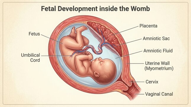 Medical illustration of human fetal development inside the womb illustration
