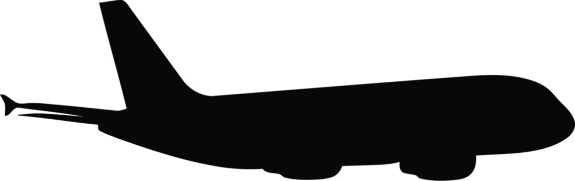 Black silhouette of a passenger airplane flying in the sky viewed from the side